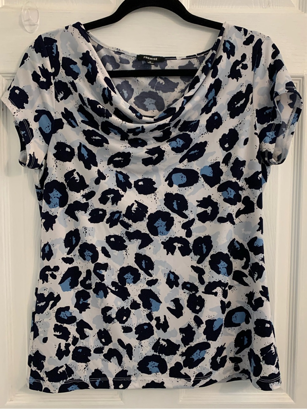 Premise Women’s Blue and Navy Leopard Print Cowl Neck Tee. Size medium $10
